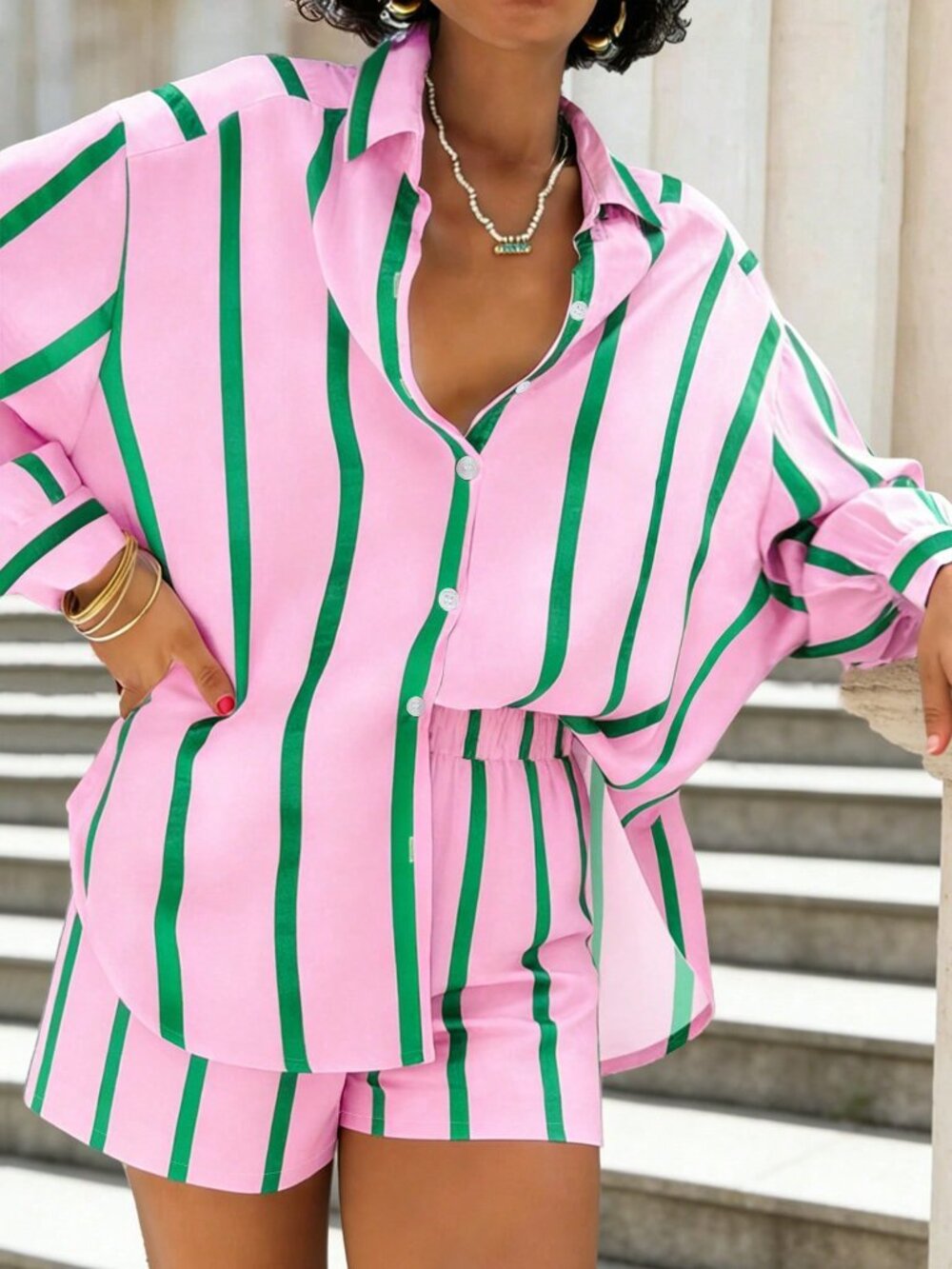 Pink Casual Women's Loose Drop Shoulder Long Sleeve Blouse & Shorts Set